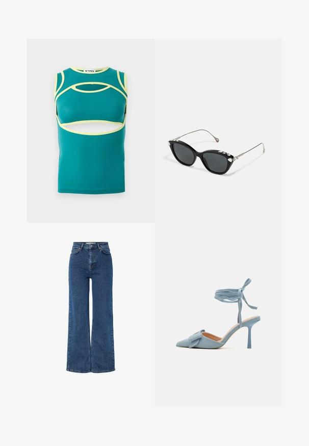 Mėlynosios žalios spalvos be rankovių palaidinė su išpjovimais, geltonais akcentais palei kraštus ir apvalia iškirpte. Pagaminta iš lygaus, elastingo audinio.; Aukštom juosmeniu mėlyni džinsai su plačiomis kojomis, tradicine penkių kišenių konstrukcija, metaliniu mygtuko uždarymu ir kontrastingomis siūlėmis.; Šviesiai mėlynos audinio aukštakulnės bateliai su smailiu galiuku ir tekstūruotu paviršiumi, su dekoratyviniu kaspinėliu ir kulkšnies juostele, užtikrinančia tvirtą prigludimą.; Juodos katės akys akiniai su pilkais lęšiais, metaliniu rėmu ir dekoratyvinėmis strazdotėmis išilgai viršutinio krašto. Minimalistinis dizainas su stilingomis linijomis.