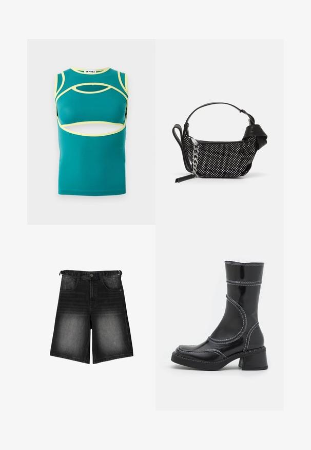 Top senza maniche color teal con dettagli a taglio, accenti gialli lungo i bordi e scollatura rotonda. Realizzato in un tessuto liscio e elasticizzato.; Shorts in denim nero con una finitura scolorita, cinque tasche, chiusura con bottone e passanti per cintura. Il tessuto ha una consistenza liscia.; Stivale alla caviglia in pelle verniciata nera con cuciture bianche, punta arrotondata e tacco a blocco. Presenta linee di design curve e una texture liscia.; Borsa nera con un design texture, adornata con borchie argentate e una robusta tracolla in argento. Presenta una forma elegante e minimalista.
