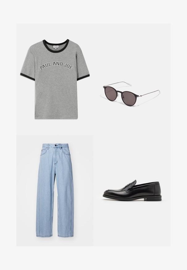 Grijze katoenen T-shirt met zwarte ribbelkraag en mouwboorden, met de tekst "PAUL AND JOE" in witte gebogen letters op de voorkant.; Lichtblauwe denim jeans met een wijd model, voorzien van voorzakken, een knoopsluiting en gedetailleerde stiksels langs de naden.; Zwarte leren instappers met een gladde textuur, ronde neus en een decoratieve band over de wreef. Lage, gestapelde hak en minimalistisch ontwerp.; Zwarte ronde zonnebril met donkere lenzen en slanke metalen armen. Inclusief heldere tempelpunten en zilveren accenten bij de scharnier. Minimalistisch ontwerp.