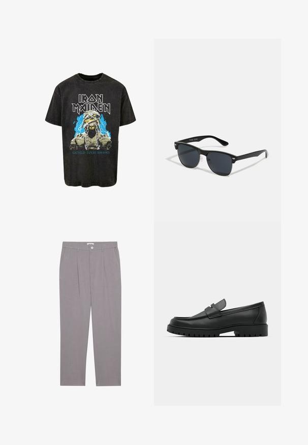 Czarny bawełniany T-shirt z grafiką czaszki owiniętej bandażami i łańcuchami, z niebieskimi elementami piorunów i napisem "Iron Maiden World Tour 1984-85".; Szare spodnie o prostym kroju, z dwiema przednimi kieszeniami, plisami i zapięciem na guzik. Wykonane z lekkiej tkaniny.; Czarne skórzane mokasyny z zaokrąglonym noskiem, posiadające przeszywany wzór, niską platformę oraz teksturowaną, gumową podeszwę z bieżnikiem.; Czarne okulary przeciwsłoneczne o prostokątnym kształcie, ciemnych soczewkach, srebrnych akcentach na zausznikach oraz matowym wykończeniu oprawki.