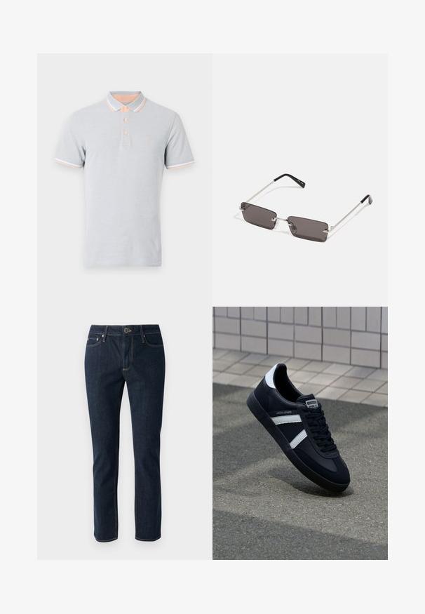 Polo de culoare gri deschis, cu mâneci scurte, guler și manșete caise cu accente albe, trei butoane, logo brodat pe piept.; Jeans din denim albastru închis cu un design drept, având închidere cu buton, cinci buzunare și cusături contrastante. Textură netedă.; Sneaker din piele neagră cu dungi albe, talpă din cauciuc texturat și șireturi. Prezintă un eticheta de marcă pe limbă.; Ochelari de soare cu lentile dreptunghiulare, gri închis, rame din metal argintiu și vârfuri din plastic negru pe brațe. Design ușor, cu pad-uri pentru nas.