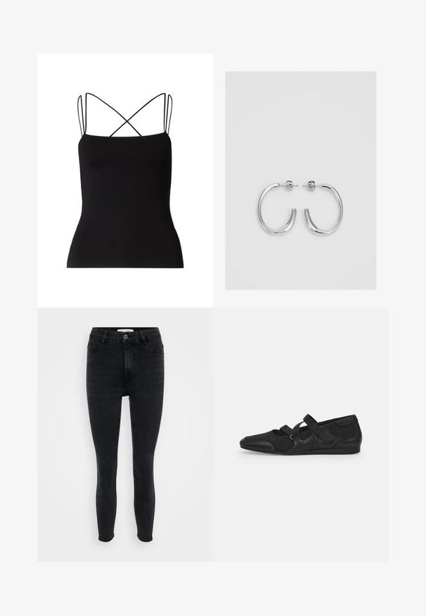 Samsøe Samsøe SANEHA - Topp - black; Mustad mustad teksad sujuva denimitekstuuriga, viie taskuga disain ja esine nööbiga sulgemine, standardne vöökoht ja õmbluse aktsendid.; Mustad mustad kingad pehme ja tekstuurse pealmise osaga, millel on kaks reguleeritavat rihma ja ümmargune toe disain, paigaldatud tasasele kummist tallale.; Hõbedased rõngaskõrvarõngad, millel on sile ja läikiv pind. Ümar kuju, kerge disain, millel on post-tagumise kinnituse süsteem.