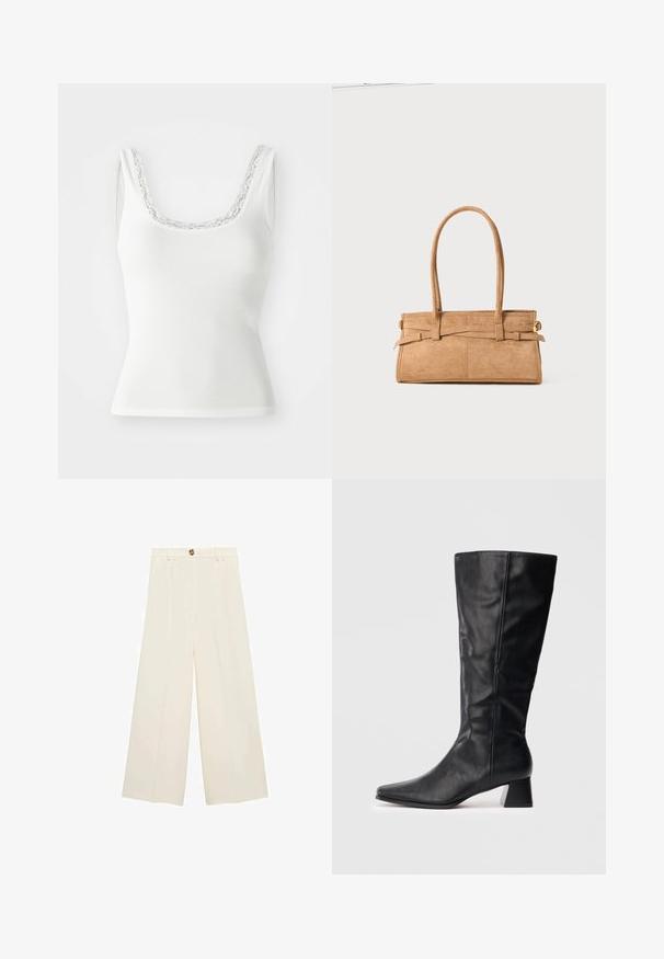 Biely rebrovaný top s výstrihom do véčka, zdobený jemnou čipkovou lemovkou. Bezručkový dizajn s priliehavým strihom.; Krémové široké nohavice s vysokým pásom, gombíkovým zapínaním a hladkou textúrou bez viditeľných vzorov alebo akcentov.; Čierne kožené čižmy po strednú lýtko s špičatou špičkou a blokovým podpätkom na jednofarebnom svetlom pozadí.; Svetlohnedá semišová kabelka s dvoma dlhými rúčkami, obdĺžnikovým tvarom a dekoratívnym prešívaním. Obsahuje bočný popruh a jemné zlaté kovové doplnky.