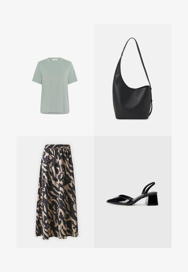 Tricou scurt mint green, dintr-un material moale și ușor, cu decolteu rotund și o croială relaxată. Detalii minime de coasere pe tiv și pe mâneci.; Fustă lungă neagră și bej cu talie elastică, având un model abstract de imprimeu animal și o siluetă fluidă.; Pantofi cu toc slingback din piele lacuită neagră, cu vârf ascuțit și toc geometric. Prezintă un design elegant, minimalist și o textură netedă.; Geantă hobo din piele neagră, cu o textură netedă, formă curbată și un singur bretele ajustabil; are o deschidere largă în partea de sus.