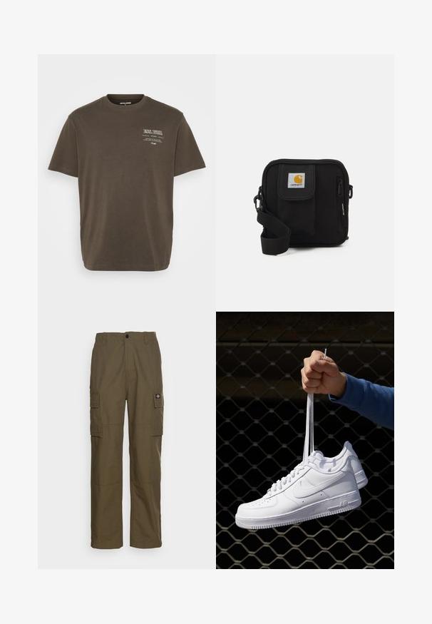 Brown short-sleeve t-shirt made of cotton, featuring a crew neckline and a small white graphic print on the left side.; Cargo pants in olive green, made of durable fabric. Features two side pockets, a standard waist, and a straight-leg design.; White leather sneakers with perforations, round toe, flat sole, and thick laces, featuring a visible swoosh logo and "AIR" on the heel.; Black crossbody bag with a zippered main compartment, front pocket, adjustable strap, and a visible logo patch on the flap.