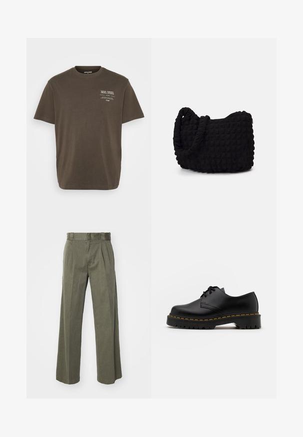 Brown short-sleeve t-shirt made of cotton, featuring a crew neckline and a small white graphic print on the left side.; Olive green trousers featuring a loose, wide-leg design with front pleats. Made from textured fabric with a standard waistband and no visible hardware.; Black leather lace-up shoe with a rounded toe, textured rubber sole, and yellow stitching around the base. Flat design and smooth finish.; Black fabric bag with a textured, quilted pattern. Rounded shape, short, thick handles, and a soft, flexible structure.