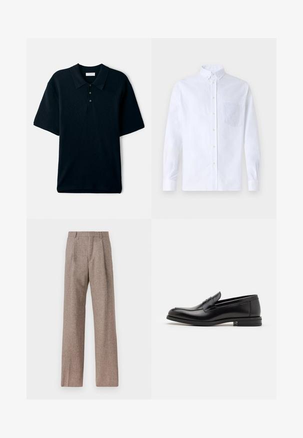 Tumesinine lühikeste varrukatega polo särk, millel on tekstuuriga soonikkoes disain, krae ja kolme nupuga klapp.; Valge pikamaa varrukatega nööbiga särk, mis on valmistatud puuvillast ja millel on rinna tasku toon-toonis brodeeringuga, krae ja nööbiga mansetid.; Prunnid, kõrge vöökohaga püksid, mis on valmistatud tekstureeritud kangast. Omavad laiu jalgu ja kahte eesmist voldikut struktuuri jaoks. Korralik viimistlus, ilma nähtava riistvarata.; Mustad mustad nahast loafers sileda tekstuuriga, ümarat ninaosa ja dekoratiivne riba vampi üle. Madal kihiline konts, minimalistlik disain.
