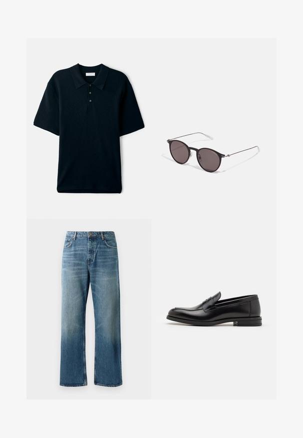 Námořnicky modré polo tričko s krátkým rukávem, které se vyznačuje texturovaným, žebrovaným designem, límečkem a dvouřadým zapínáním na knoflíky.; Svetle modré kalhoty s širokými nohavicemi a vybledlým vzhledem, vybavené zapínáním na jeden knoflík, pěti kapsami a kontrastním prošíváním.; Černé kožené polobotky s hladkou texturou, zaoblenou špičkou a zdobným páskem přes nárt. Nízký stohovaný podpatek, minimalistický design.; Černé kulaté sluneční brýle s tmavými skly a tenkými kovovými nohami. Obsahují průhledné koncovky nožiček a stříbrné akcenty na pantu. Minimalistický design.