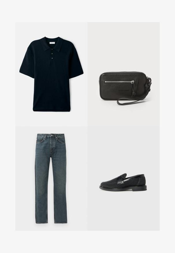 Tumesinine lühikeste varrukatega polo särk, millel on tekstuuriga soonikkoes disain, krae ja kolme nupuga klapp.; Tumed sinine denimist teksad sirge jala disainiga, viie tasku, nööbiga sulgemise ja kontrastsete õmbluse detailidega.; Must musta kootud slip-on king, millel on pehme nahast accent ülaserval, ümmargune varvas ja madal profiiliga kummitald.; Must musta nahk-käekott tekstureeritud pinnaga, ees suure tõmblukuga tasku ja eemaldatav randmepael. Esiküljel on logo-patch. Ristkülikukujuline.
