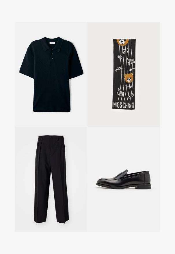 Tengerészkék, rövid ujjú pólóing, texturált bordázott mintával, gallérral és három gombos patentes zárással.; Fekete, pliszírozott nadrág, egyenes, széles lábakkal. Sima anyagból készült, gombos záródással és övhurkokkal rendelkezik.; Fekete bőr loaferek sima textúrával, kerek orral és dekoratív pánttal a vampnál. Alacsony, rétegelt sarkú, minimalista dizájn.; Fekete kötött sál, melyen két barna medvefej, zenei jegyek és fehér "MOSCHINO" felirat található az alján. Puha tapintású, részletes mintázattal.