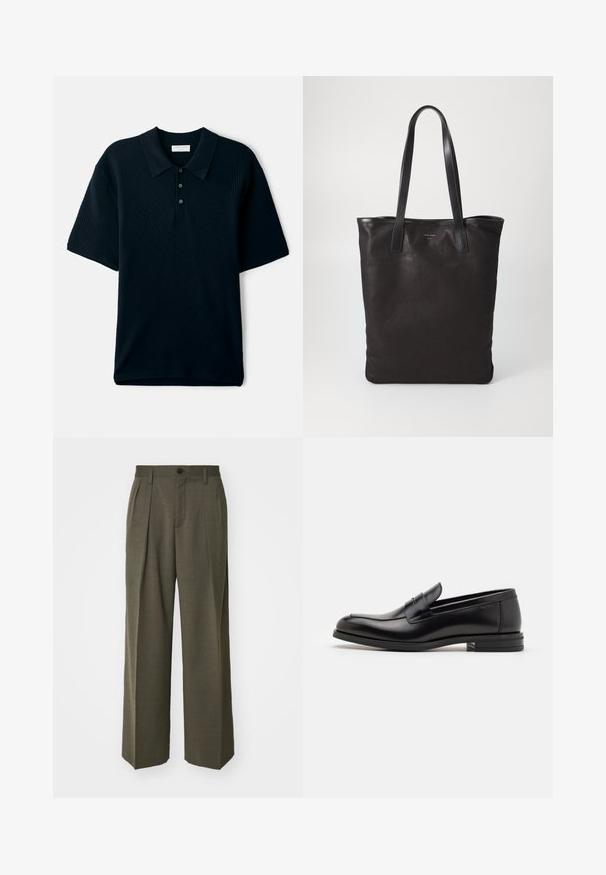 Tengerészkék, rövid ujjú pólóing, texturált bordázott mintával, gallérral és három gombos patentes zárással.; Filippa K WIDE TROUSERS - Nadrágok - driftwood; Fekete bőr loaferek sima textúrával, kerek orral és dekoratív pánttal a vampnál. Alacsony, rétegelt sarkú, minimalista dizájn.; Fekete vászontáska fekete bőr füllel. Egyszerű dizájn, tágas test és sima textúra. Nincsenek látható logók vagy minták.