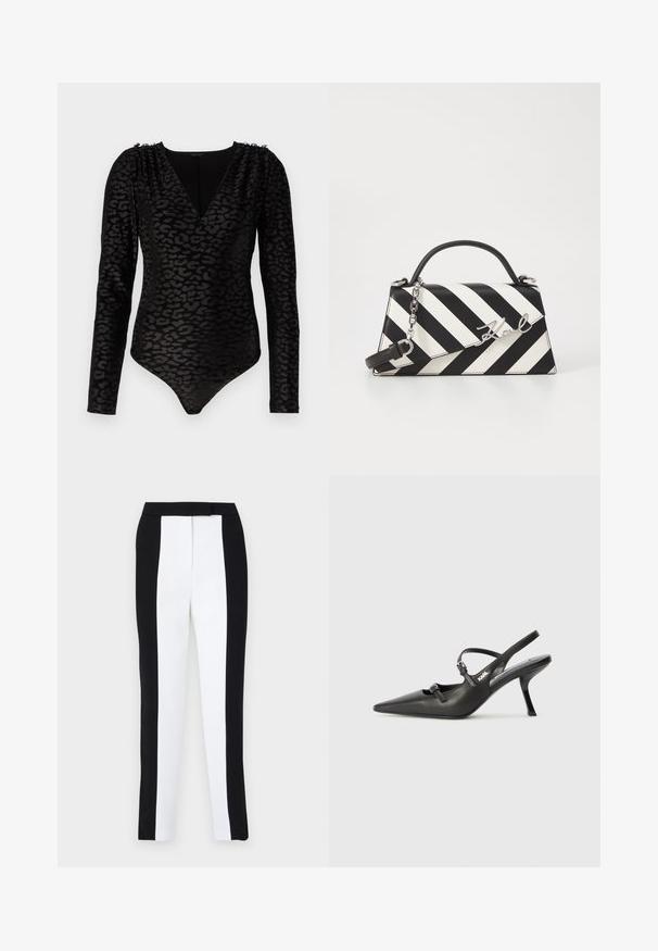 Bodysuit preto de mangas longas com padrão de leopardo, decote em V profundo e botões decorativos nos ombros. Material suave e texturizado.; Calças ajustadas em preto e branco com painéis contrastantes. O tecido tem uma textura suave; a cintura é plana e ajustada.; Sapatos de salto alto em couro preto, tipo slingback, com bico pontiagudo, salto esguio e detalhe decorativo em fivela no peito do pé. Textura suave e design elegante.; Bolsa de mão às riscas pretas e brancas com um formato estruturado, apresentando uma alça superior, uma alça de corrente destacável e um detalhe em logotipo metálico.