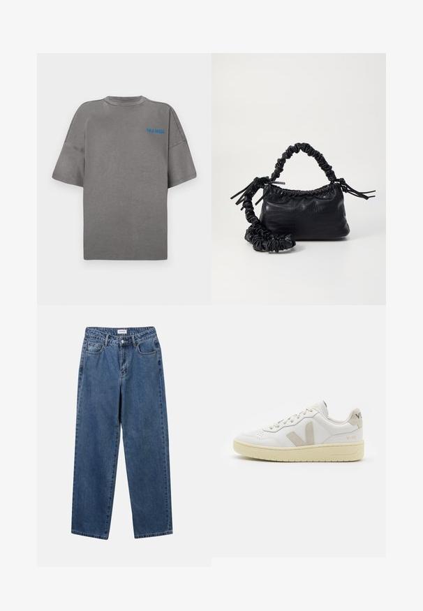 Hallide hall puuvillane T-särk lühikeste varrukatega, ümmargune kaelus ja ees sinise tekstiga "CALA BASSA". Sile tekstuur.; Klassikalised sinised denimists teksad otsejalaga disainiga, viie taskuga ja nööbisuletusega. Omab keskmist pesu ja tugevat tekstuuri.; Valge nahast tenniseking, millel on beežist siidist aktsent ja aukudega varvas, lame paelad ja tekstureeritud koorevärvi tallad. Omab nüansirikast brändimist kannal.; Must must sünteetilisest nahast käekott, millel on krokodillimuster, kokku tõmmatav ülaosa ja kortsus rihm. Tundub pehme ja kompaktne disain.