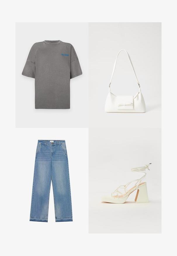 Pelēka kokvilnas T-kreklu ar īsām piedurknēm, apaļu kakla izgriezumu un zilu uzrakstu "CALA BASSA" priekšā. Gluda tekstūra.; Gaiši zila augsta jostasvieta plaša ar biksēm ar pogu aizdari, priekšējām kabatām, jostas cilpiņām un vieglu izbalējušu apdari.; Baltas augstpapēžu sandales ar masīvu papēdi, ar siksnu dizainu un potītes saistītiem elementiem. Gluda tekstūra ar platformu priekšpusē, lai nodrošinātu papildu augstumu.; Balta sintētiska soma ar trīsstūrveida formu, plakanu priekšējo vāciņu un loku detaļu, regulējamu siksnu, gludu tekstūru un minimālistisku dizainu.