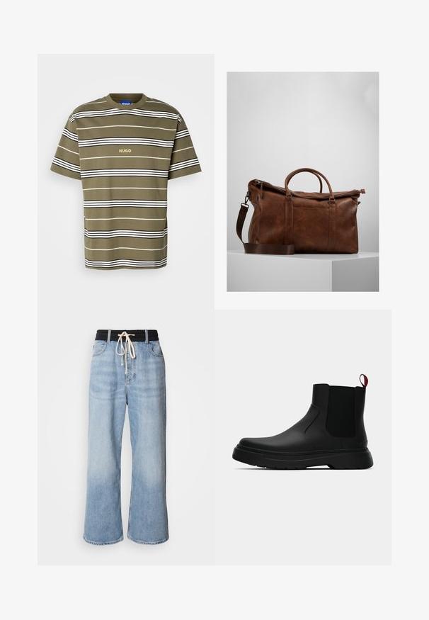 Oliivroheline T-särk horisontaalsete valgete ja mustade triipudega, ümar kaelus, lahti lõige ja kuldne "Hugo" logo, mis on keskelt rinnas.; Heledad sinised laiad püksid musta elastse vöökoha ja nööri sulgemisega, klassikalise viie taskuga disain.; Mustad musta värvi ankle boot, millel on sile viimistlus, elastsed külgpaneelid ja kontrastne punane tõmbetaba. Saapadel on paks kummist tald ja ümar varvas.; Pruunist nahast nädalavahetuse kott, millel on lukuga sulgur, topeltkäepidemed, reguleeritav õlavarre rihm ja nähtavad tekstuurimustrid pinnal.