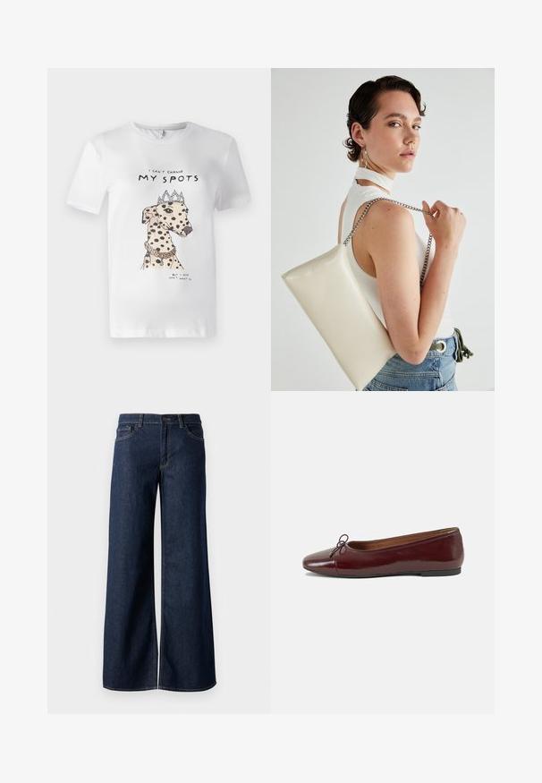 Camiseta blanca de algodón con una ilustración impresa de un perro manchado que lleva una corona y un collar, con el texto "No puedo cambiar MIS MANCHAS."; Jeans de pierna ancha en denim azul oscuro. Presenta costuras en contraste, cinco bolsillos y un cierre de botón en la cintura. Textura suave.; Bailarina de charol burdeos con punta redonda, pequeño lazo en la parte frontal y una suela baja de goma negra. Textura suave.; Bolso de mano rectangular blanco, hecho de un material brillante, con una cadena plateada. La modelo posa, mostrando el bolso frente a un fondo liso.