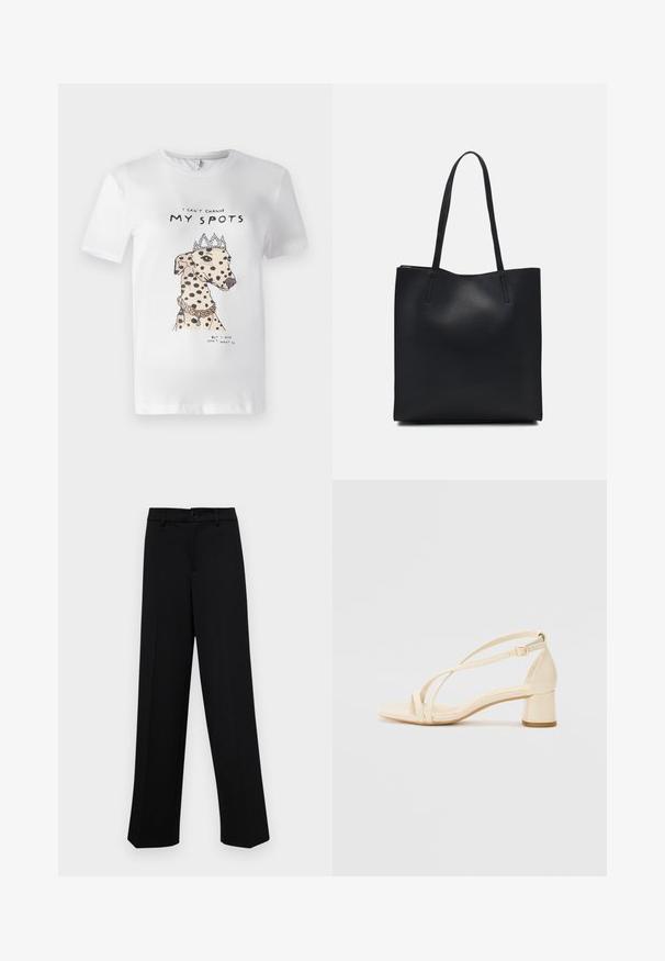 White cotton t-shirt featuring a printed illustration of a spotted dog wearing a crown and necklace, with text reading "I can't change MY SPOTS."; Black wide-leg trousers made of smooth fabric, featuring a classic waistband with a button closure and front pleats.; Beige heeled sandals with a block heel, strappy design, and adjustable ankle strap, made of smooth synthetic material with a matte finish.; Black leather tote bag with smooth texture, rectangular shape, and two long handles. No visible hardware or embellishments.