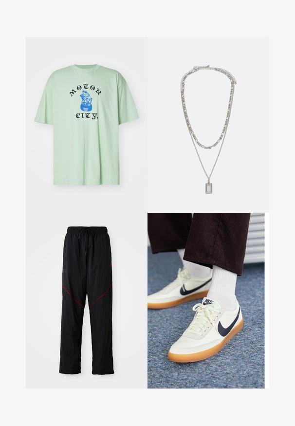 Carhartt WIP TYRE - T-shirts med print - charm green; Sorte idretts bukser med teksturert overflate, med snøring i livet, røde aksentlinjer og en løs passform.; Nike-sneakers i hvitt lær med en marineblå swoosh, med en såle av gummigummi og hvite snører, parret med hvite sokker og mørke corduroybukser.; Sølvkjede med to lagdelte kjeder; har et rektangulært anheng med en jevn overflate, som viser en polert metallfinish.