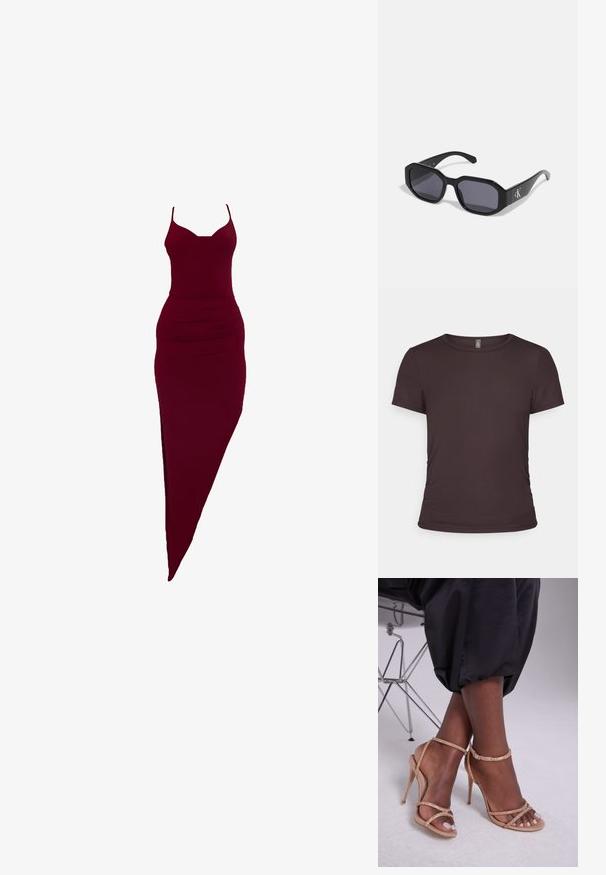 Brązowy t-shirt z krótkim rękawem, wykonany z żeberkowanej tkaniny, z okrągłym dekoltem i dopasowanym krojem, z subtelnymi detalami w postaci marszczeń po bokach.; Burgundowa dopasowana sukienka na cienkich ramiączkach, z bocznym rozcięciem i marszczeniami w talii, wykonana z elastycznego materiału.; Beżowe sandały na obcasie ozdobione kryształami, z odkrytymi palcami, cienkimi paskami i elegancką sylwetką.; Czarne okulary przeciwsłoneczne w ośmiokątnym kształcie, z ciemnymi soczewkami, błyszczącym plastikowym materiałem i srebrnym akcentem z logo z jednej strony.; Portfel na nadgarstek marki Michael Kors w beżowej, pokrytej płótnem, z powtarzającym się wzorem logo MK, złotym okuciem i odpinanym łańcuszkowym paskiem.; Złote metaliczne kolczyki o falistym wzorze; gładka, odblaskowa powierzchnia; asymetryczny kształt; brak widocznych wzorów lub elementów metalowych.