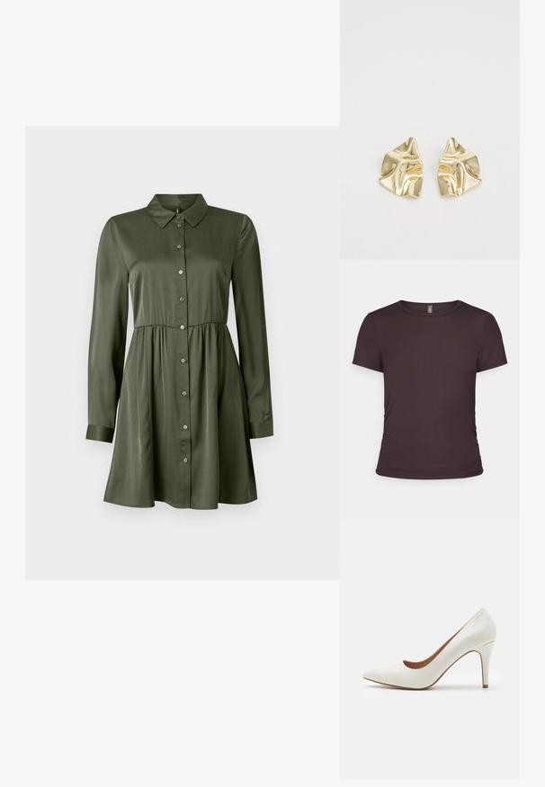 Kratka majica s kratkimi rokavi rjave barve iz rebraste tkanine, z okroglim izrezom in prilegajočim dizajnom, ki vključuje subtilne detajle nabiranja ob straneh.; Dolga olivno zelena obleka s podolgimi rokavi in gumbi, s prilegajočim se pasom in ovratnikom, rahlo razširjenim krilom in manšetami.; Bela lakirana usnjena čevlja z visoko peto in ostrim nosom ter gladko površino, ki ima vitko peto in nizek izrez okoli odprtine.; Michael Kors denarnica v bež lakiranem platnu z mišičnim vzorcem ponavljajočega se logotipa MK, z zlatim okovjem in snemljivo verižico.; Zlati kovinski uhani z valovito zasnovo; gladka, odsevna površina; asimetrična oblika; brez vidnih vzorcev ali kovinskih delov.