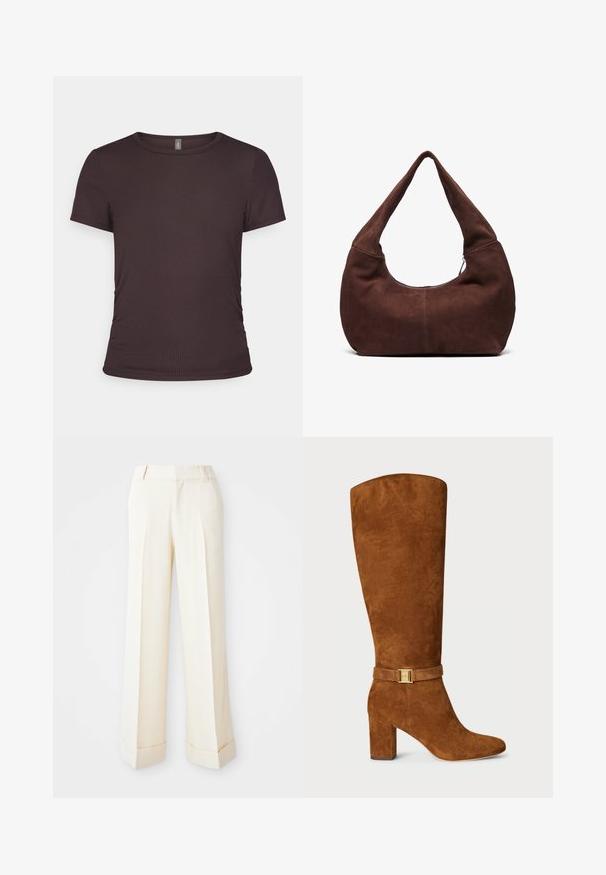 Camiseta marrón de manga corta hecha de tela acanalada, con un escote redondo y un diseño ajustado, que presenta sutiles detalles de fruncido lateral.; Pantalones de pierna ancha beige con una textura suave, pliegues frontales y puños doblados. Presentan trabillas para cinturón y cierre con cremallera.; Bota de ante marrón hasta la rodilla con punta cuadrada, tacón grueso y un detalle de hebilla en tono dorado en una correa de ante a juego alrededor del tobillo.; Bolso hobo de ante marrón con un asa curvada y ancha y una gran apertura. Textura suave con costuras visibles a lo largo de los bordes.