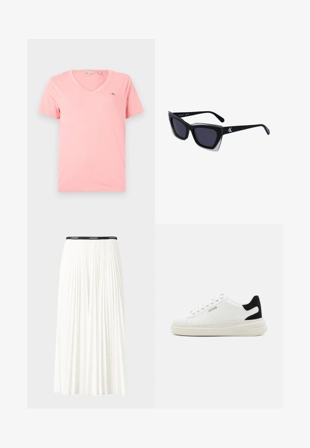 Roza V-izrez majica s kratkimi rokavi, izdelana iz mehkega bombaža, z majhnim logotipom na levem prsnem delu. Preprost in enobarven dizajn.; Gubasta bela krila z črnim elastičnim pasom, ki nosi logotip "LACOSTE". Srednje dolga zasnova z mehkobo tkanine.; Bele usnjene športne copate z debelim belim podplatom, črnimi semišnimi detajli na peti in utisnjenim logotipom na strani. Zavezovanje s šestimi luknjicami.; Črne prevelike sončne očala geometrijske oblike, z temnimi lečami in kontrastno sivo podrobnostjo na okvirju. Logo na ročaju.