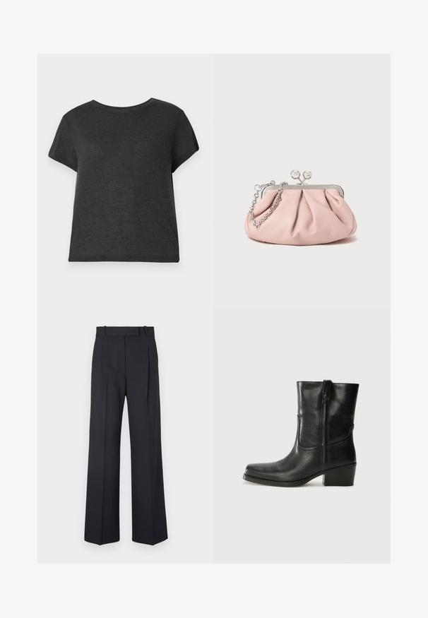Czarnoszary t-shirt z krótkim rękawem, okrągłym dekoltem, wykonany z miękkiego, gładkiego materiału, charakteryzujący się luźnym krojem i minimalistycznym designem.; Ciemnoniebieskie spodnie w paski z wysokim stanem, szerokimi nogawkami i bez widocznych elementów metalowych lub ozdób. Gładka tekstura i dopasowany krój.; Czarne skórzane botki za kostkę z okrągłym noskiem, słupkowym obcasem, bocznym zamkiem i przeszyciami na cholewce. Gładka tekstura, klasyczny design.; Różowa skórzana kopertówka z zebranym wzorem, metalową ramą, dwoma okrągłymi zapięciami oraz srebrnym łańcuszkiem. Gładka tekstura, kompaktowy kształt.