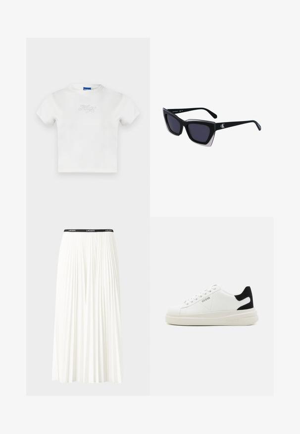 Balta medvilninė marškinėlių su trumpomis rankovėmis ir apvaliu iškirpimu, ant priekinės pusės turi "HUGO" pasidabruotomis akmenukais. Paprastas, kasdienis dizainas.; Pleated balta sijonas su juodu elastiniu juosmeniu, ant kurio yra "LACOSTE" logotipas. Vidutinio ilgio dizainas su švelnia tekstūra.; Baltos odinės sportbačiai su storu baltu padu, juodu nubuko kulno akcentu ir iškilmingu logotipu šone. Su raišteliais, turinčiais šešis akinius.; Juodos didelės saulės akinių su geometrine forma, turinčiais tamsius objektyvus ir kontrastingą pilką detalę ant rėmelio. Logotipas ant šalon.