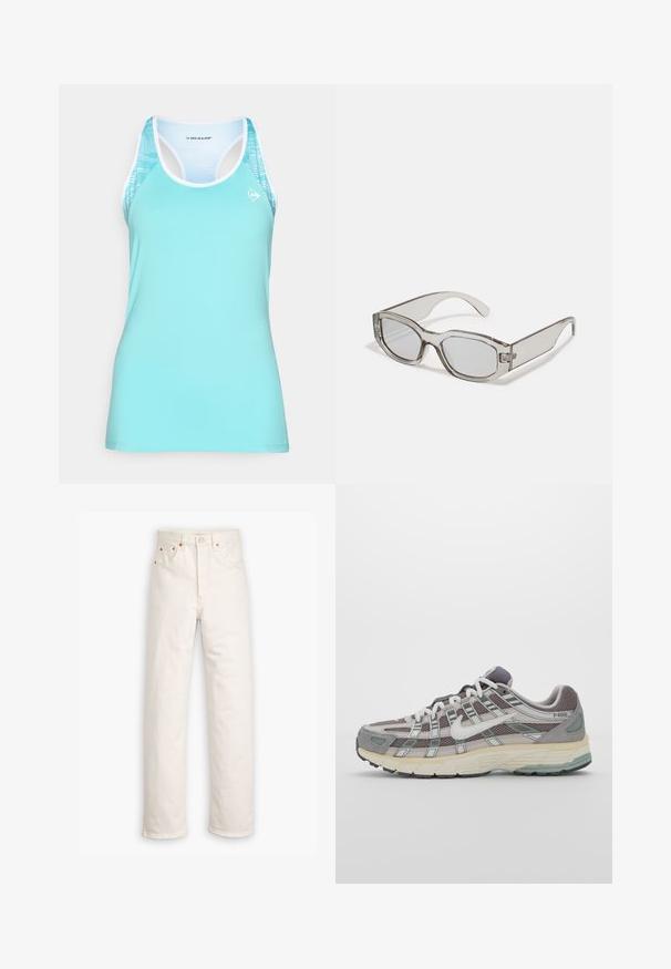 Turkoosi urheilu-toppi, jossa on urheilullinen selkädesign, valkoinen reuna ja kuvioitu yksityiskohta olkapäillä hengittävyyden parantamiseksi.; Valkoiset farkuhousut suoran lahkeiden muotoilulla, viiden taskun tyylillä ja kuparisilla yksityiskohdilla. Raaka helma lopussa nilkoissa.; Harmaa urheilukenkä, jossa on verkko- ja mokkanahkainen yläosa, valkoiset yksityiskohdat, pehmustettu pohja ja erottuva muotoilu heijastavilla elementeillä.; Harmaat läpinäkyvät aurinkolasit, joissa on suorakulmainen muoto, tasaiset linssit ja paksut sanga. Temppelissä on hienovarainen saranatieto.