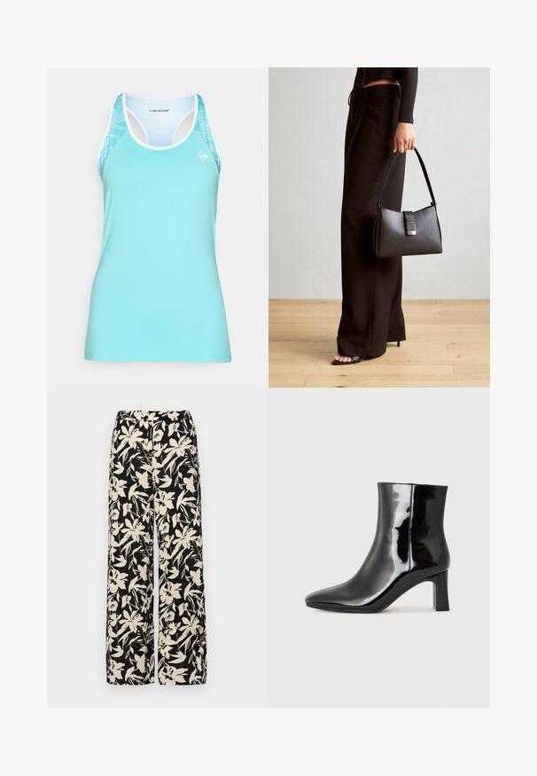 Türkiissinine sporditop, millel on võistlusselja disain, valged äärised ja mustriga detailid õlgadel parema hingavuse tagamiseks.; Mustad laiad püksid kreemja lillemustriga. Valmistatud kergest kangast, millel on sile tekstuur ja kõrge vöökoht.; Must-sinine nahkjalats musta läikiva viimistlusega, millel on terav nina ja keskmise kõrgusega plokk konts. Sile tekstuur ja minimalistik disain.; Must musta kott, millel on struktureeritud kuju, sile tekstuur ja metallist klamber. Kombineeritud laiate mustade pükstega ja avatud varvaste sandaalidega puidust põrandal.