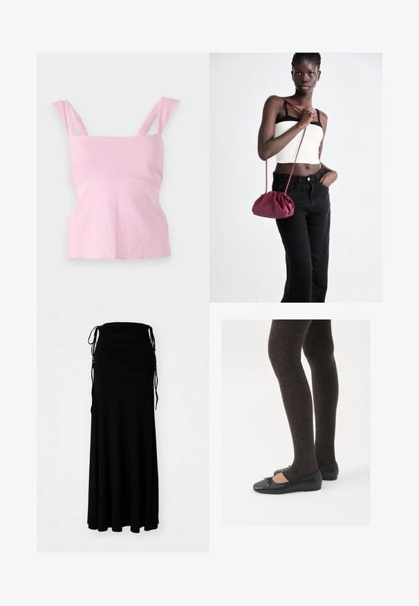 Pink sleeveless top with a square neckline. Features ruched shoulder straps and a fitted silhouette with a slightly flared hem.; Black, ankle-length dress made of soft, stretchy fabric with a ruched bodice and adjustable ties on the sides, creating a flowing silhouette.; Black flat shoes with a small bow detail at the toe, paired with dark brown ribbed tights. Shoes have a smooth texture and low profile.; Burgundy soft fabric handbag with a gathered design and a long strap, worn crossbody. Model wears a white crop top and black jeans.