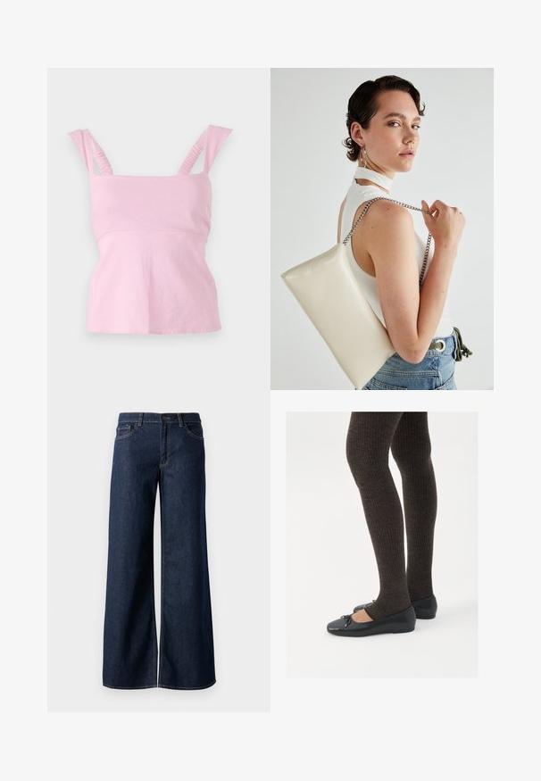 Pink sleeveless top with a square neckline. Features ruched shoulder straps and a fitted silhouette with a slightly flared hem.; Wide-leg jeans in dark blue denim. Features contrast stitching, five pockets, and a button closure at the waist. Smooth texture.; Black flat shoes with a small bow detail at the toe, paired with dark brown ribbed tights. Shoes have a smooth texture and low profile.; White rectangular clutch bag made of glossy material, featuring a silver chain strap. Model poses, showcasing the bag against a plain background.