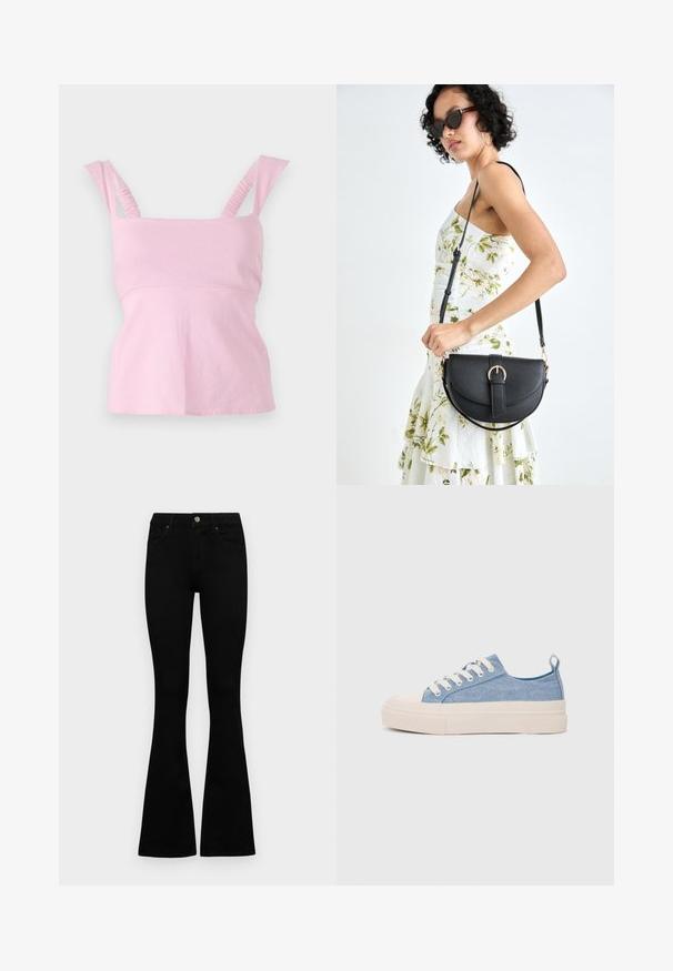 Pink sleeveless top with a square neckline. Features ruched shoulder straps and a fitted silhouette with a slightly flared hem.; Black high-waist jeans with a button and zip closure, front pockets, and flared legs laid flat on a white background.; Light blue canvas sneakers with a cream rubber toe cap and outsole, featuring white laces and a pull tab on the heel.; Black leather handbag with a curved shape, detachable strap, and gold hardware. The bag features a flap with a buckle detail.
