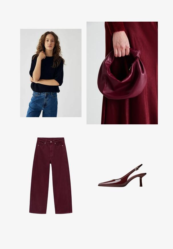 Črn pleten pulover s kratkimi rokavi, z okroglo ovratnico. Obučen z modrimi kavbojkami visokega pasu. Preprost dizajn, mehak otip.; Burgundske široke hlače iz jeansa, izdelane iz bombažnega denima, z zasnovo štirih žepov in kovinskim gumbom za zapiranje ter usklajenim šivom.; Bordo paten usnjeni čevelj s slingback zasnovo in koničastim nosom, srednje visoka kitten peta ter srebrno zaponko na beli podlagi.; Bordo usnjeni ročni torbici s mehak, nabrana zasnova in okrogla oblika. Ročaj je varen in prikazuje gladko teksturo.; Ogrlica iz črnega lave s kroglicami, ki imajo gladko površino, ter srebrnim prilagodljivim zapiranjem in obeskom.