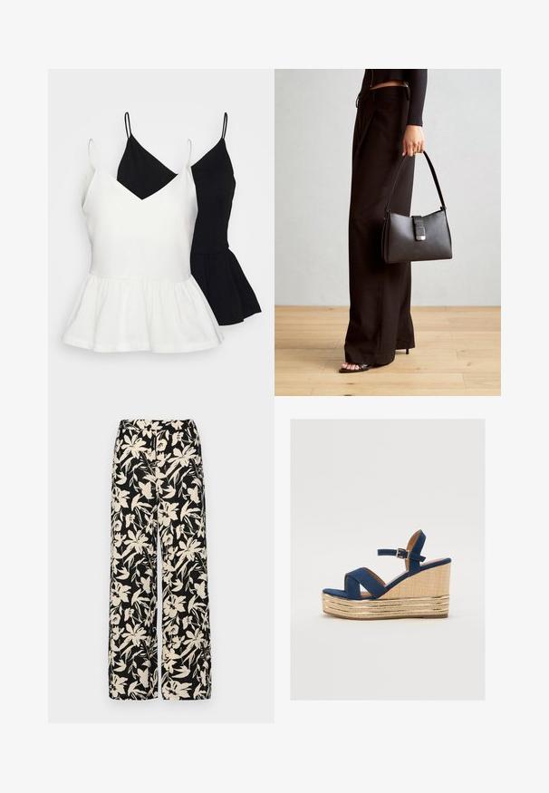 To peplum-topper uten ermer, en i hvit og den andre i svart. Begge har en V-hals og tynne spagettistropper.; Sorte vide bukser med et cremet blomster mønster. Fremstillet af letvægtsstof, med en glat tekstur og en høj talje.; Marineblå kilehæl sandal med kryssende stropper, en teksturert plattform av naturlig fiber og en gullmetallisk detalj på bunnen.; Svart håndveske med strukturert form, jevn tekstur og metallisk lås. Kombinert med brede svarte bukser og sandaler med åpen tå på tregulv.