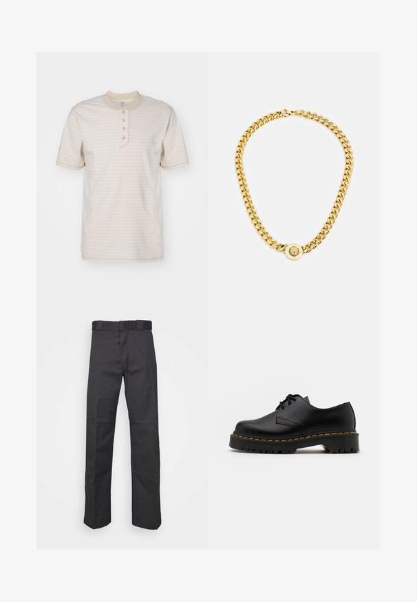 Cream striped t-shirt with a round neck and four-button placket, short sleeves, made of soft fabric, featuring subtle textured lines.; Black pants made of durable fabric, featuring a straight leg design, a waistband with belt loops, and seams for added texture.; Black leather lace-up shoe with a rounded toe, textured rubber sole, and yellow stitching around the base. Flat design and smooth finish.; Gold chain necklace with large interlocking links, featuring a circular pendant detail at the center with a raised emblem.