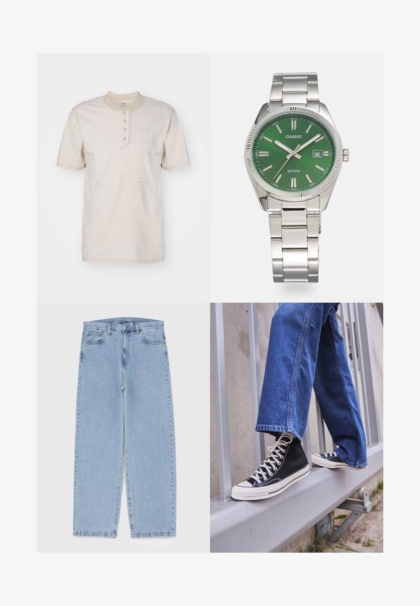 Kreminė juostuota marškinė su apvaliomis iškirptėmis ir keturių mygtukų užsegimu, trumpomis rankovėmis, pagaminta iš švelnios medžiagos, su subtiliomis tekstūruotomis linijomis.; Šviesiai mėlyni džinsai su tiesiomis kojomis, turintys vidutinio aukščio juosmenį, penkias kišenes ir mygtuko bei užtrauktuko uždarymą.; Juodi aukšti sportiniai bateliai su baltu padu ir raišteliais, derinami su laisvai krentančiais mėlynais džinsais, atremti į pilką turėklą.; Sidabro nerūdijančio plieno laikrodis su apvaliu žaliu ciferblatu, sidabro spalvos valandų žymekliais, datos rodmeniu ir metaline grandinėle. Atsparus vandeniui iki 50 metrų.