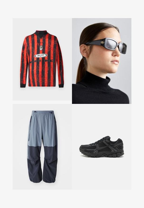 Langermet trøye med sterke røde og svarte vertikale striper, krage, grafiske trykk, med et sentralt logo og merkenavn.; Baggy, to-tonede utendørsbukser med lyseblå overdel og mørk navy underdel, med snor i livet og sidelommer.; Sorte atletiske sko med mesh-overdel, gummisåle og teksturerte detaljer. Designet inkluderer uttalt snøringssystem og polstret såle.; Svart rektangulære solbriller med tonede glass, med en gull GG-logo på armene, mot en nøytral bakgrunn.