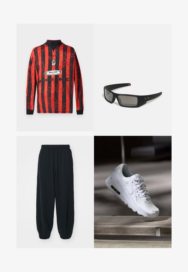 Jersey de manga larga con llamativas rayas verticales rojas y negras, cuello con solapa y estampados gráficos, con un logotipo central y el nombre de la marca.; Pantalones de chándal negros con cintura elástica, de corte holgado, con puños en los tobillos, textura suave y sin patrones visibles ni acentos metálicos.; Zapatilla Nike Air Max 90 blanca con parte superior de malla y cuero, caja de puntera perforada y unidad de aire visible en el talón.; Gafas de sol negras con acabado mate, lentes rectangulares, ligera curvatura en las patillas, sutil detalle del logo y lentes ahumados.