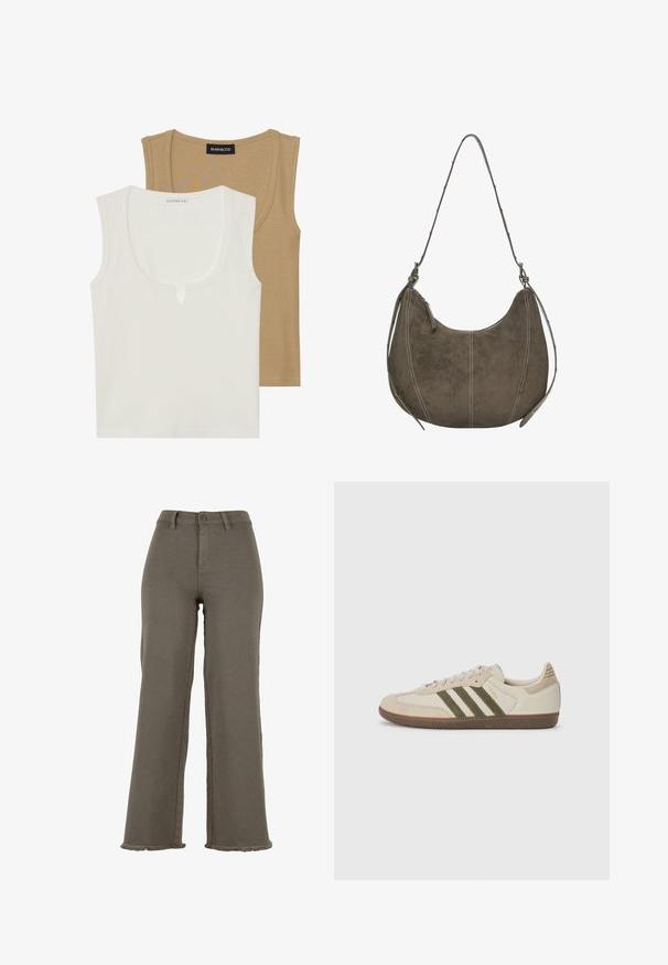 Twee tanktops: de ene in crème met een ronde hals en een lichte details aan de voorkant, de andere lichtbruin, beide met een geribbeld textuur en brede schouderbanden.; Olijfgroene wijde denim broek, met een knoopsluiting, rafelige zoom en voorzakken. Gladde textuur overal.; adidas Originals SAMBA OG UNISEX - Sneakers laag - alumina/medium dark khaki/gum; Bruin suede hobo tas met een gebogen vorm, contrasterende stiksel, enkele schouderriem en ritsafwerking. Over het algemeen een gladde textuur.