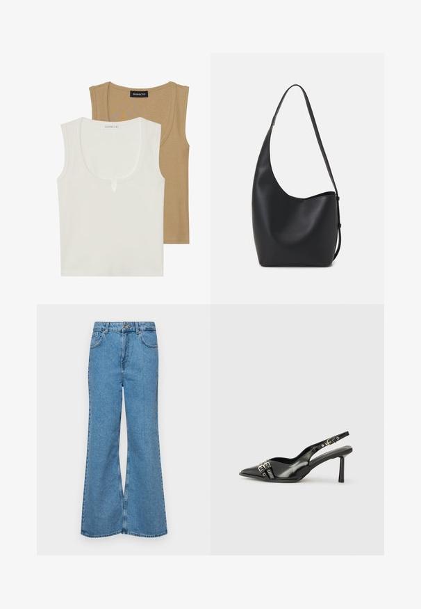 Du dušo marškiniai: vieni kreminiai su apvalia iškirpte ir šiek tiek priekyje išsikišimu, kiti šviesiai rudi, abu su raukšlėta tekstūra ir plačiomis petnešomis.; Šviesiai mėlynos flared džinsai, pagaminti iš džinsinio audinio, su aukštu liemeniu, penkiomis kišenėmis ir vienu mygtuko užsegimu. Minkštas paviršius su išblukusiu efektu.; Juodas lakuotas odinis batelis su smailiu pirštu, kulkšnies dirželiais su sidabrinėmis sagtimis ir detalėmis, bei plonu kulnu.; Juodas odinis hobo maišas su lygiu paviršiumi, kreipta forma ir viena reguliuojama rankena; turi platų atidarymą viršuje.