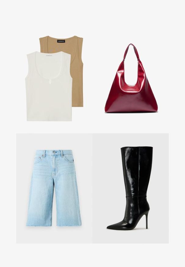 Dvě tílka: jedno krémové s kulatým výstřihem a drobným detailním prvkem v přední části, druhé světle hnědé, obě s jemně strukturovaným povrchem a širokými ramínky.; Světle modré denimové šortky volného střihu, s třepeným lemem, pěti kapsami a kovovými doplňky. Klasický design džínů s jemným vyblednutím.; Černé kožené vysoké boty po kolena s špičatou špičkou a vysokým jehlovým podpatkem. Hladká textura a elegantní design, s minimálními detaily.; Červená lesklá kožená kabelka trojúhelníkového tvaru, široké horní otevírání a jeden zakřivený popruh. Hladký povrch s minimálními detaily šití.; Sada stříbrných náušnic s různými designy: kruhy, pecky a visací styly, se kuličkovými akcenty a špičatými prvky.