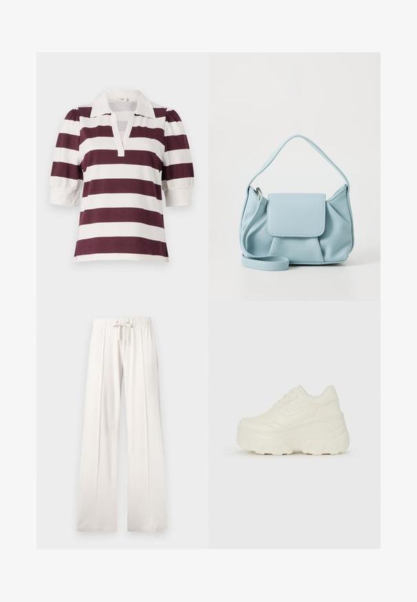 Polo de mangas curtas com riscas horizontais em bordô e branco, apresentando um decote com colarinho e detalhes de mangas bufantes.; Calças de fato de treino beija claro, feitas de um tecido suave, com cintura elástica ajustável, pernas largas e costuras verticais, apresentando uma textura lisa.; Tênis brancos de plataforma com um cabedal suave semelhante a couro, formato arredondado, colarinho acolchoado e sola de borracha texturizada com ranhuras bem definidas.; Bolsa de mão de couro azul claro com alça superior, bolso frontal com aba e alça de pulso destacável, em fundo branco.