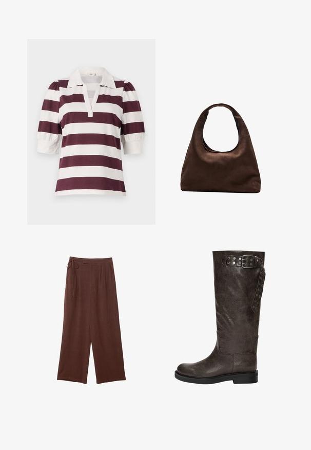 Polo triko s krátkým rukávem, burgundské a bílé horizontální pruhy, s límečkem a detaily na vypouklých rukávech.; Hnědé široké nohavice s elastickým pasem, zdobené sklady a měkkou texturou, vyrobené z lehkého materiálu.; Hnědé kožené vysoké boty k kolenům s texturovaným povrchem, se sponou a cvočkovými detaily na boku, a plochou gumovou podrážkou.; Měkká hnědá kabelka ve stylu hobo s jedním širokým popruhem a zakřiveným horním otvorem, vystavená na bílém pozadí.
