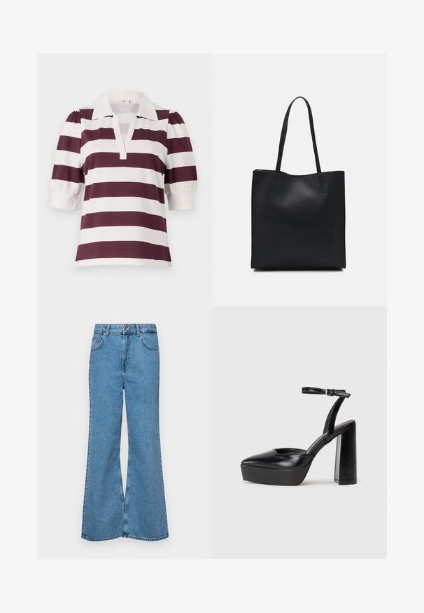 Trumpas rankovėmis polo marškinėliai, su bordo ir baltais horizontaliais dryžiais, su apykakle ir pūstomis rankovėmis.; Šviesiai mėlynos flared džinsai, pagaminti iš džinsinio audinio, su aukštu liemeniu, penkiomis kišenėmis ir vienu mygtuko užsegimu. Minkštas paviršius su išblukusiu efektu.; Juodi platforminiai aukšti kulniukai su smailiu kojų pirštu ir reguliuojamu kulkšnies dirželiu. Pagaminti iš lygaus odos, turi masyvų blokinį kulną.; Juodas odinis tote krepšys su lygia tekstūra, stačiakampio formos ir dviem ilgais rankenomis. Matomų metalinių detalių ar puošybos nėra.