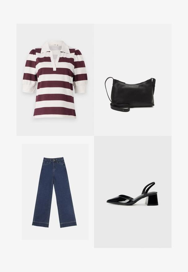 Lühikeste varrukatega polo särk burgundi ja valgete horisontaalsete triipudega, millel on kaelus ja puhvvarrukad.; Laiad püksid tumedast sinisest denimist. Omab viit taskut, vöölõke ja toore äärega allosas, kus on nähtavad õmblused.; Mustad musta lakknahk kingad, millel on terav varvas ja geomeetriline plokkkonts. Omab elegantselt minimalistlikku disaini ja sujuvat tekstuuri.; Mustmust nahk õlakotil on sile tekstuur, kumer kuju, reguleeritav rihm ja lukuga sulgemine. Minimalistlik disain ilma kaunistusteta.