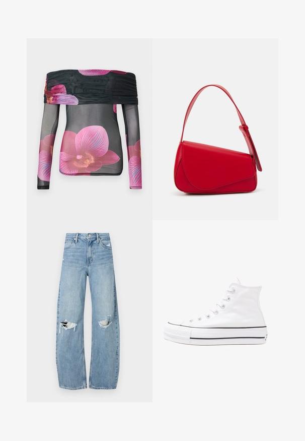 Yöpaita, jossa on pitkät hihat ja off-the-shoulder-malli, valmistettu läpinäkyvästä mustasta kankaasta, jossa on kirkkaanpunaista orkideakuviointia ja rypytetty yksityiskohta kaula-aukossa.; Vaaleansiniset, korkeavyötäröiset farkut, jotka on valmistettu denimmateriaalista. Ominaisuuksiin kuuluvat leveät lahkeet, kaksi revittyä polvialuetta ja klassinen viiden taskun tyyli.; Valkoiset korkeavartiset kangaskengät mustalla kumipohjalla, edessä kuminen varvasosa ja kuusi nauha-aukkoa, puhtaan minimalistisella muotoilulla.; Punainen nahkalaukku, jossa on kulmikas, geometrinen muotoilu. Varustettu yhdellä säädettävällä hihnalla ja läpällä, jossa on ommeltu yksityiskohtia.