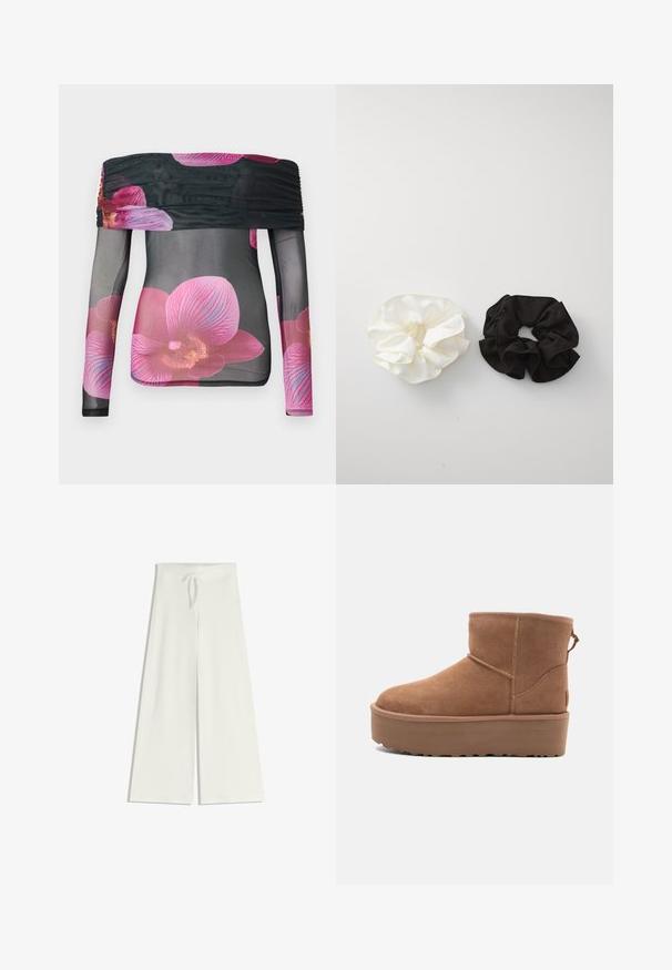 Bluzica z odprtimi rameni in dolgimi rokavi, izdelana iz prosojnega črnega blaga s svetlo rožnatim vzorcem orhidej in gubanjem na izrezu.; Široke bele hlače, narejene iz mehkega traku, z elastičnim pasom in vrvico za prilagodljivo prileganje. Gladka struktura, brez vzorcev.; Bela antilopova gležnjača s platformom, okruglim vrhom i dekorativnim šavovima; ima uvučenu petlju straga za lakše oblačenje.; Dva satenska gumica za lase, ena bela in ena črna, s potjo obliko in gladko teksturo, prikazana na enobarvni beli podlagi.
