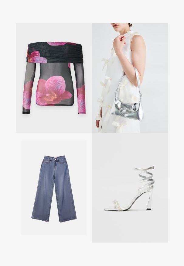 Õlavarrelt avatud pikkade varrukatega topp, mis on valmistatud läbipaistvast mustast kangast, millel on erksad roosa orkidea lillemustrid ning kortsutatud detail kaeluse juures.; Laia sinise pesu laiad teksad, millel on kõrge talje, ees taskud ja nööbilukuga vöörihmade jaoks.; Hõbedased kõrge kontsaga sandaalid läikiva rihma disainiga, millel on pärlilaadne aktsent ja keerduv pahkluu rihm turvaliseks sobivuseks.; Hõbedane metallik käekott struktureeritud kujuga, millel on ülemine sang ja ettepoole suunatud paeladetail. Sile tekstuur, peegeldav viimistlus.