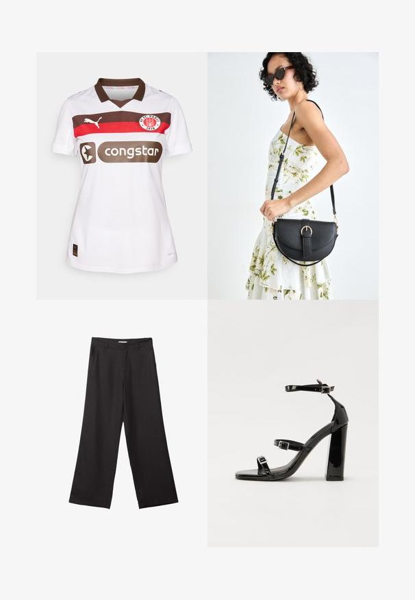 Biela futbalová dres s hnedými a červenými horizontálnymi pruhmi. Obsahuje logo Puma, branding 'congstar' a znak FC St. Pauli na hrudi.; Čierne široké nohavice vyrobené z hladkej tkaniny, so zipsom vpredu a dvoma bočnými vreckami, s prispôsobeným strihom a minimalistickým dizajnom.; Čierne lakované sandále na podpätku so štvorcovou špičkou, navlečenými remienkami okolo členku a striebornými prackami. Disponujú masívnym blokovým podpätkom pre stabilitu.; Čierna kožená kabelka s zaobleným tvarom, odnímateľným popruhom a zlatými doplnkami. Kabelka má klopu s detailom s prackou.